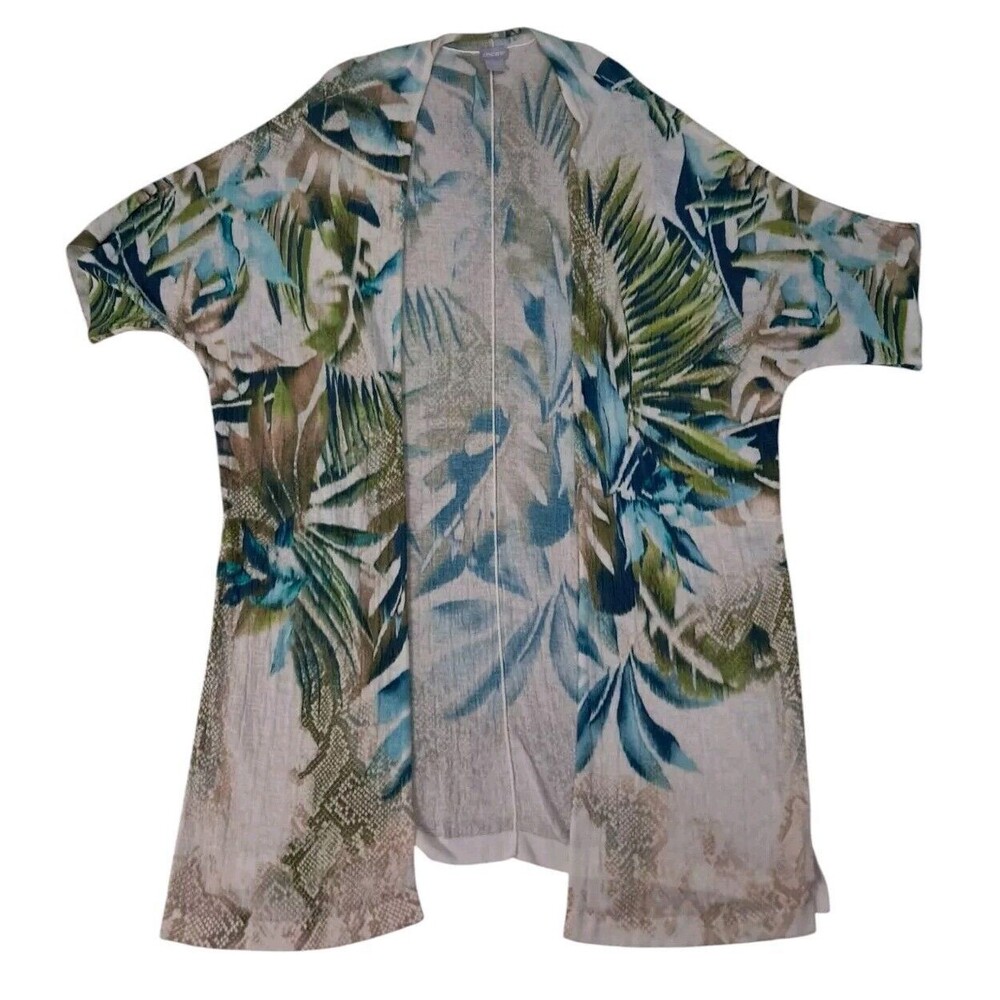 Chico's Tropical Leaf Open Front Kimono - Blue, Green, Taupe
